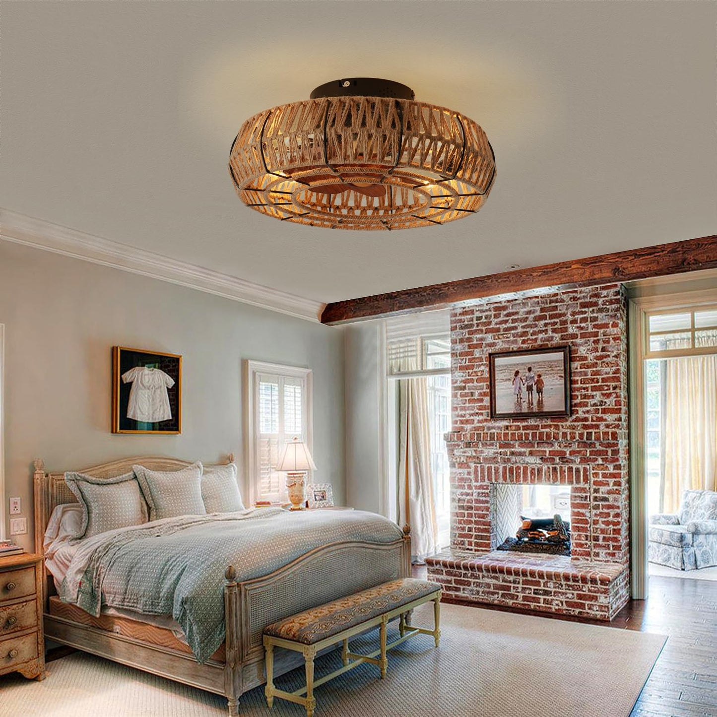 Letmarey 20" Caged Ceiling Fans with Lights and Remote, Boho Flush Mount Ceiling Fan with Light, Low Profile Chandelier 6 Speed Bladeless Reversible Ceiling Fan w/ 4 Bulbs. for Living Room Bedroom.