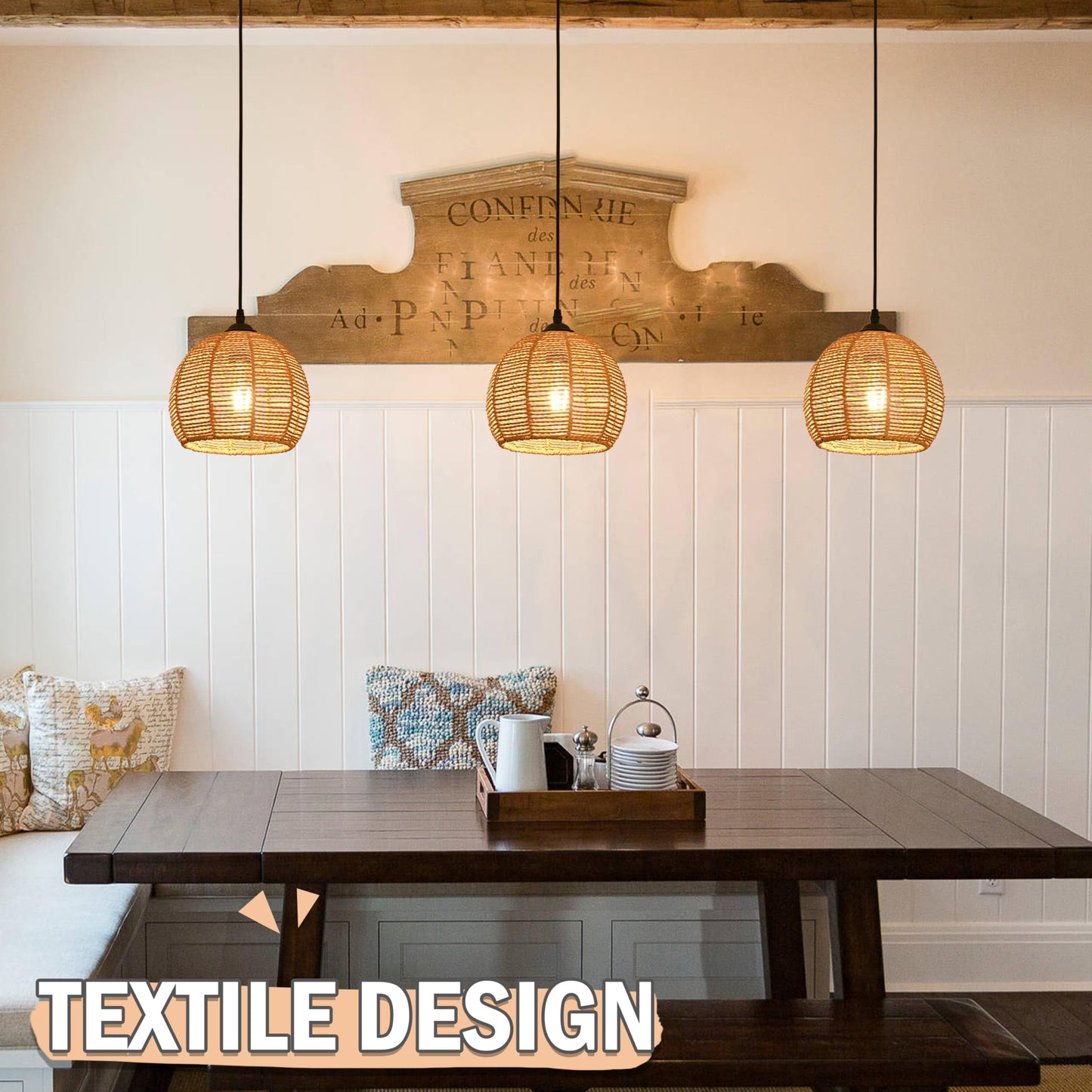 AyshwillDec 3 Pack Wicker Pendant Light Natural Woven Pendant Light Boho Chandelier Light Fixture Dome Rustic Farmhouse Pendant Lights Rattan Light Fixture for Dining Room Kitchen Island (Bulb Incl.)