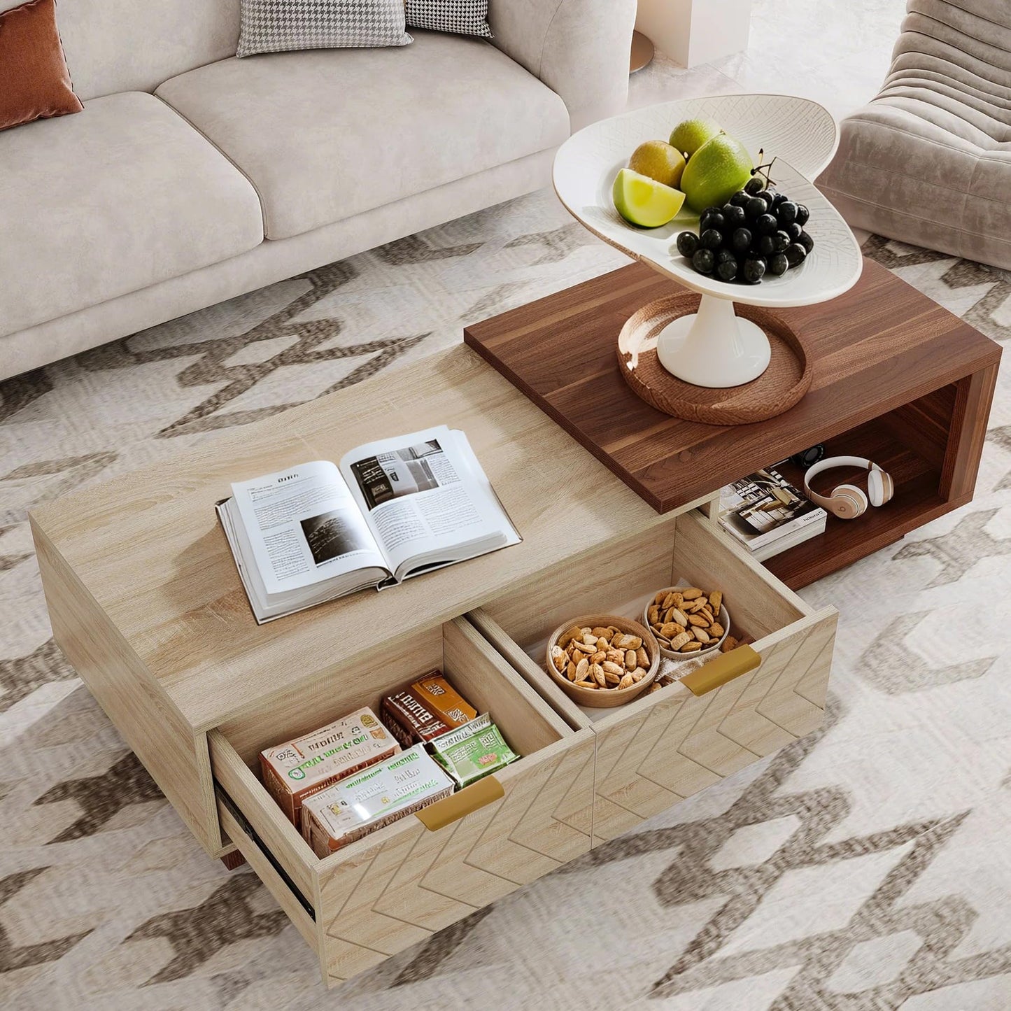 Lawrenis Design Expandable Home Rectangular Wooden Coffee Table, Living Room Center Coffee Table with Storage Drawers, Open Shelves, Natural