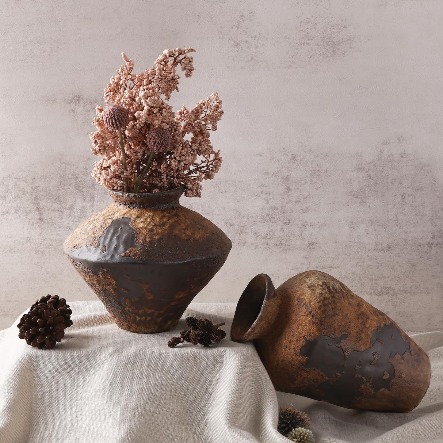 Small Stone Vase for Rustic Home Decor, Farmhouse Antique Pottery Vase Furniture&Table Flower Decorative, Round Terracotta Vases for Living Room Decor, Modern Rustic Concrete Clay Art Vases