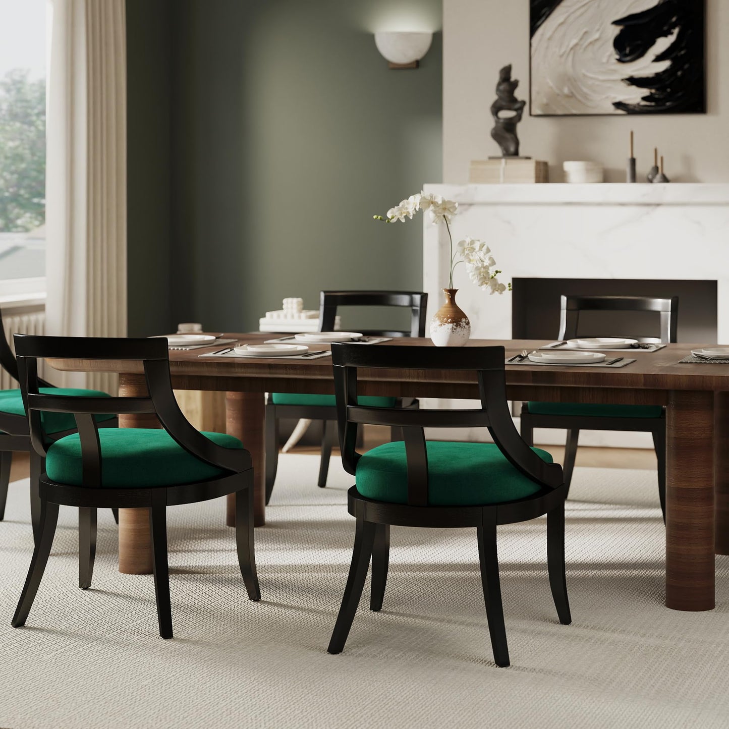 LZAREAL Modern Farmhouse Dining Chairs Set of 4 Mid Century Upholstered Dining Chair with Wooden Curved Back Kitchen Chairs for Dining Room Restaurant Cafe, Black-Velvet Green