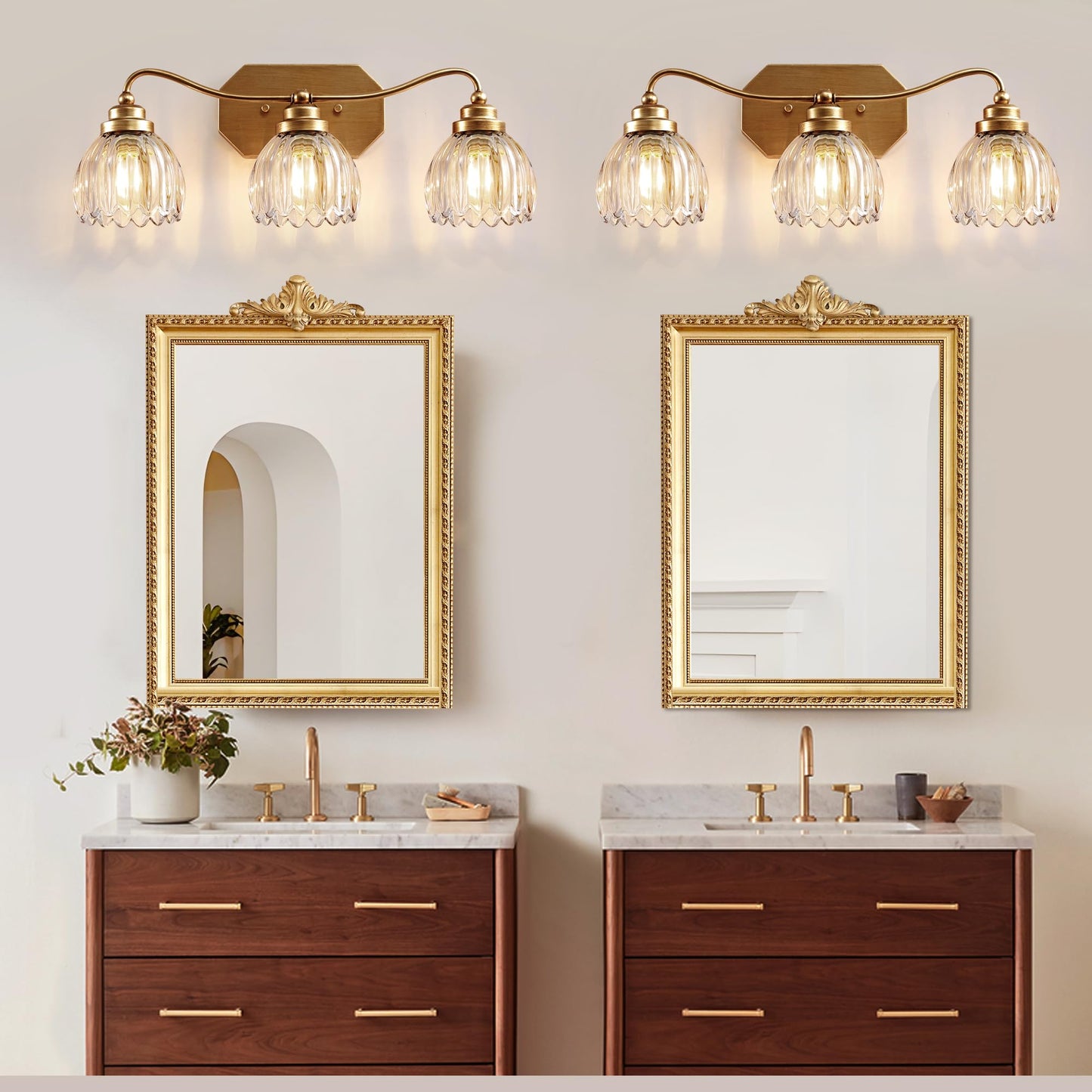 Vintage Bathroom Light Fixtures, Gold Bathroom Vanity Light, Matte Antique Brass Finish with Crystal Glass Shade, Wall Sconces Lighting for Bedroom, Living Room, Hallway (Gold, 3-Light)