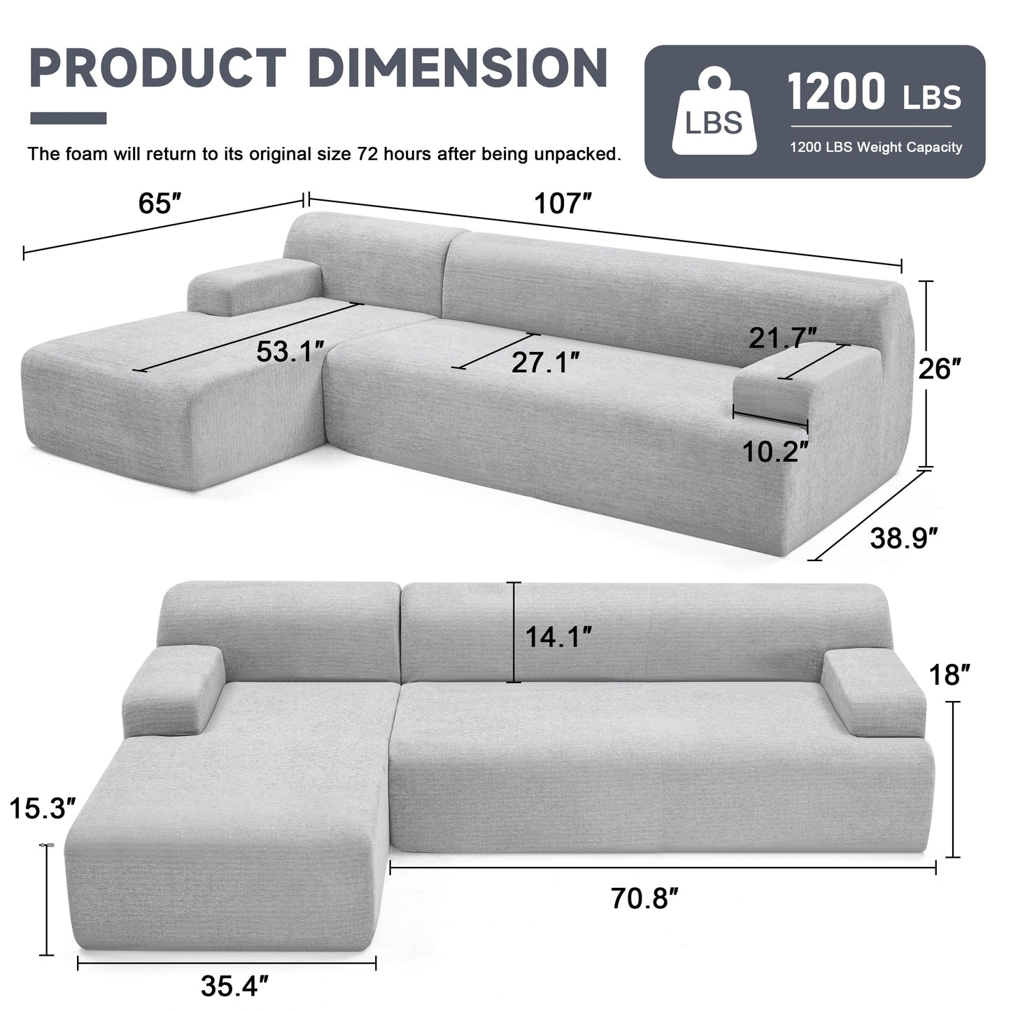Huatean Home 107” Modular Sectional Sofa, Modern Sofa Couch for Living Room, High Density Sponges Cloud Couch Sectional, L-Shape Couches for Living Room, LightGrey