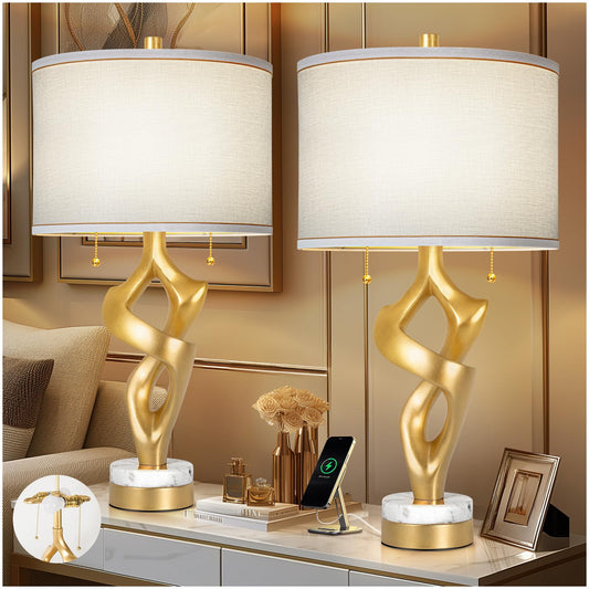 Scenekoy Sculptural Table lamp Set of 2 for Living Room with Marble Base & USB Ports, Gold Leaf Finish Rustic Bedside Lamps with S Cluster Pull Chains Switch, Nightstand Lamp for Office Hotel Bar