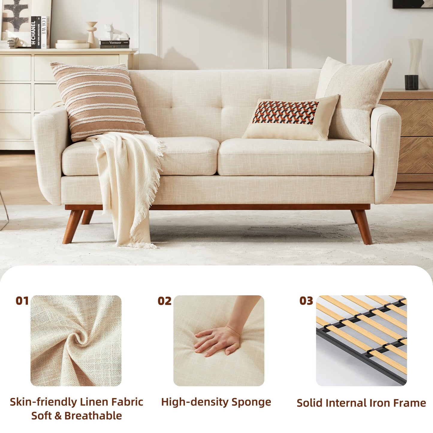 Kingfun 65.2" W Loveseat Sofa, Mid Century Modern Decor Love Seat Couches for Living Room, Button Tufted Upholstered Furniture, Solid & Easy to Install Small Couch for Bedroom Office Apartment, Beige
