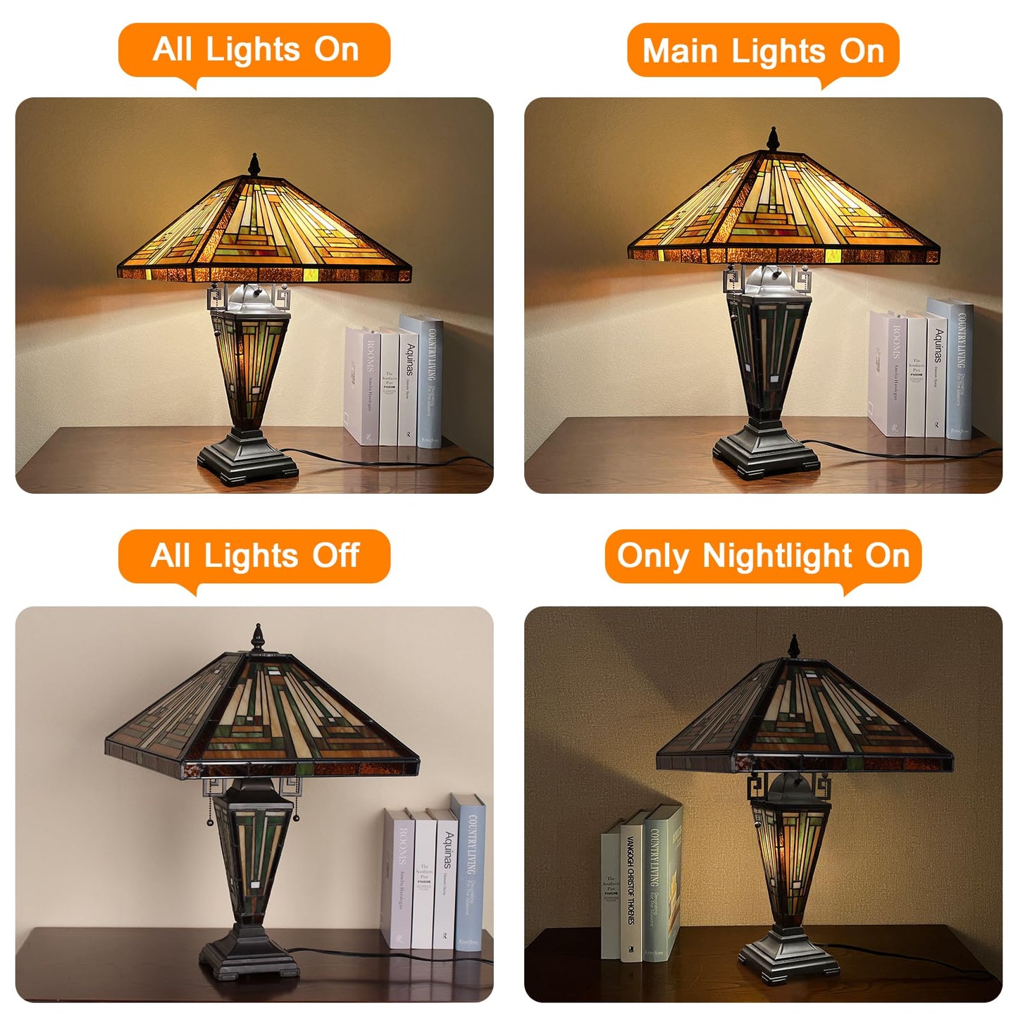 Capulina Tiffany Table Lamp Mother-Daughter Vase 3-Light, Amber Brown Mission Style Stained Glass 16X16X24 Inches Desk Reading Lamp for Living Room Bedroom Home Office