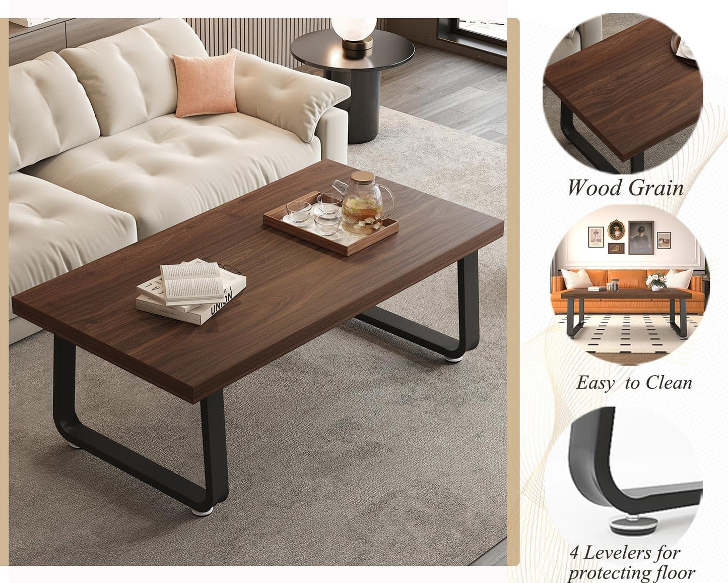 HSH Rustic Walnut Coffee Table, 39” Mid Century Modern Center Table, Rectangle Industrial Living Room Coffee Table, Simple Farmhouse Wood and Metal Tea Coffee Tables for Home Bedroom, Walnut, 39 in