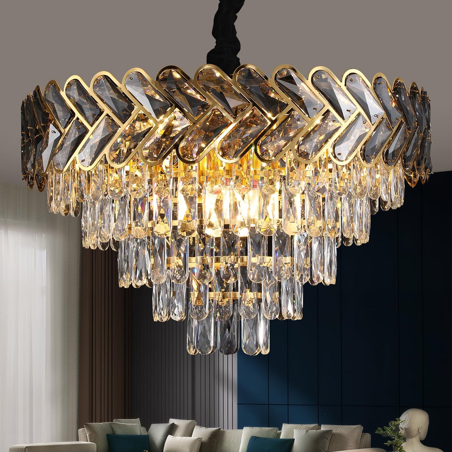 AVLRM 24" Gold Modern Crystal Chandelier Top K9 Round Crystals Chandeliers Adjustable Ceiling Light Fixture 5-Tier Crystal Pendant Lamp 9-Light for Dinning Room Living Room Foyer