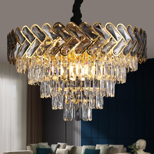 AVLRM 24" Gold Modern Crystal Chandelier Top K9 Round Crystals Chandeliers Adjustable Ceiling Light Fixture 5-Tier Crystal Pendant Lamp 9-Light for Dinning Room Living Room Foyer