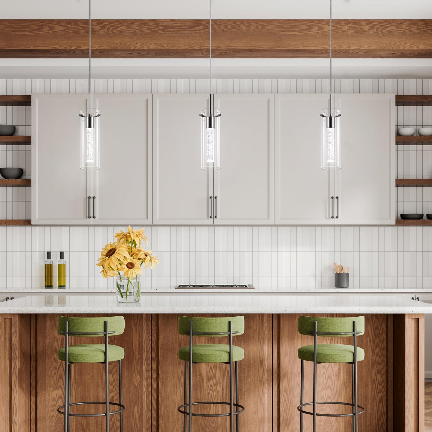 Esfos Pendant Ceiling Light Fixture, LED Kitchen Lighting Crystal Pendant Lights Kitchen Island, 1-Light Integrated Kitchen Hanging Light Fixture Modern Island Light with Bubble Glass Three Pack