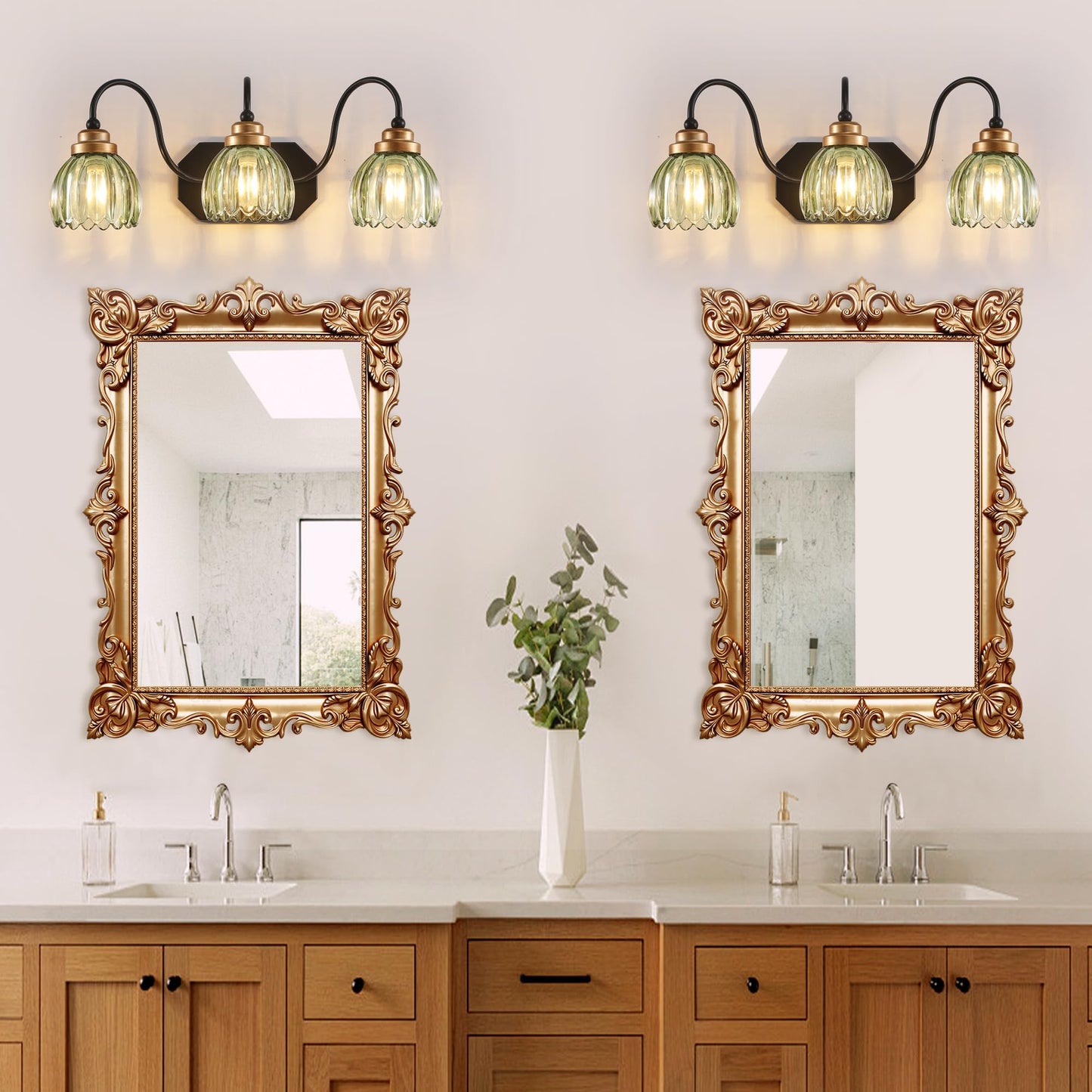 Vintage Bathroom Vanity Light, Bathroom Lighting Fixtures Over Mirror, Mid Century Style Farmhouse Light Fixtures with Green Glass Shades, Black Finish Wall Mount for Bedroom (Green, 3-Light)