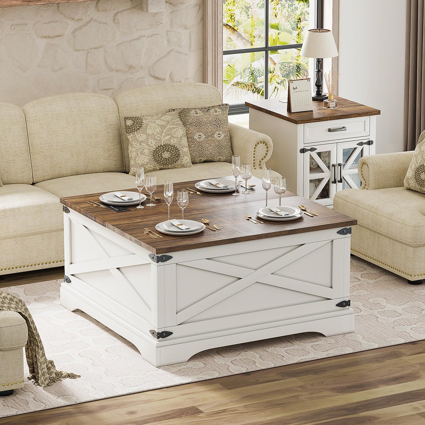 BROTTAR Lift Top Coffee Table with Storage, Square Coffee Table for Living Room with Charging Ports, Farmhouse Dining Table with Large Hidden Storage, White, 31.5"