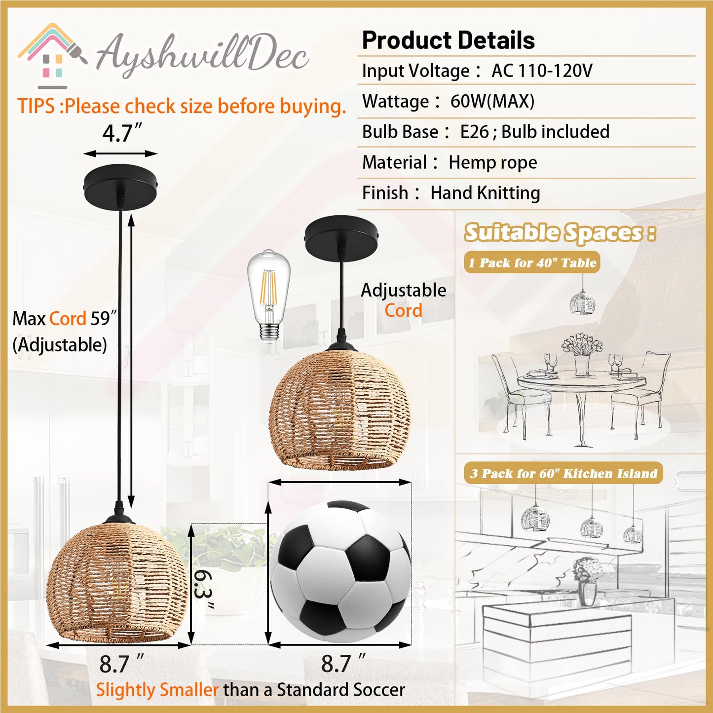 AyshwillDec 3 Pack Wicker Pendant Light Natural Woven Pendant Light Boho Chandelier Light Fixture Dome Rustic Farmhouse Pendant Lights Rattan Light Fixture for Dining Room Kitchen Island (Bulb Incl.)