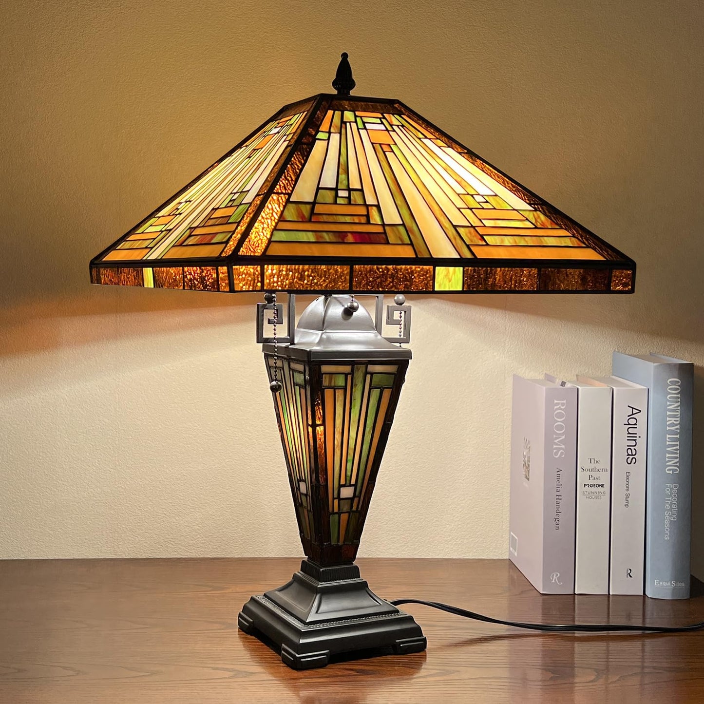Capulina Tiffany Table Lamp Mother-Daughter Vase 3-Light, Amber Brown Mission Style Stained Glass 16X16X24 Inches Desk Reading Lamp for Living Room Bedroom Home Office