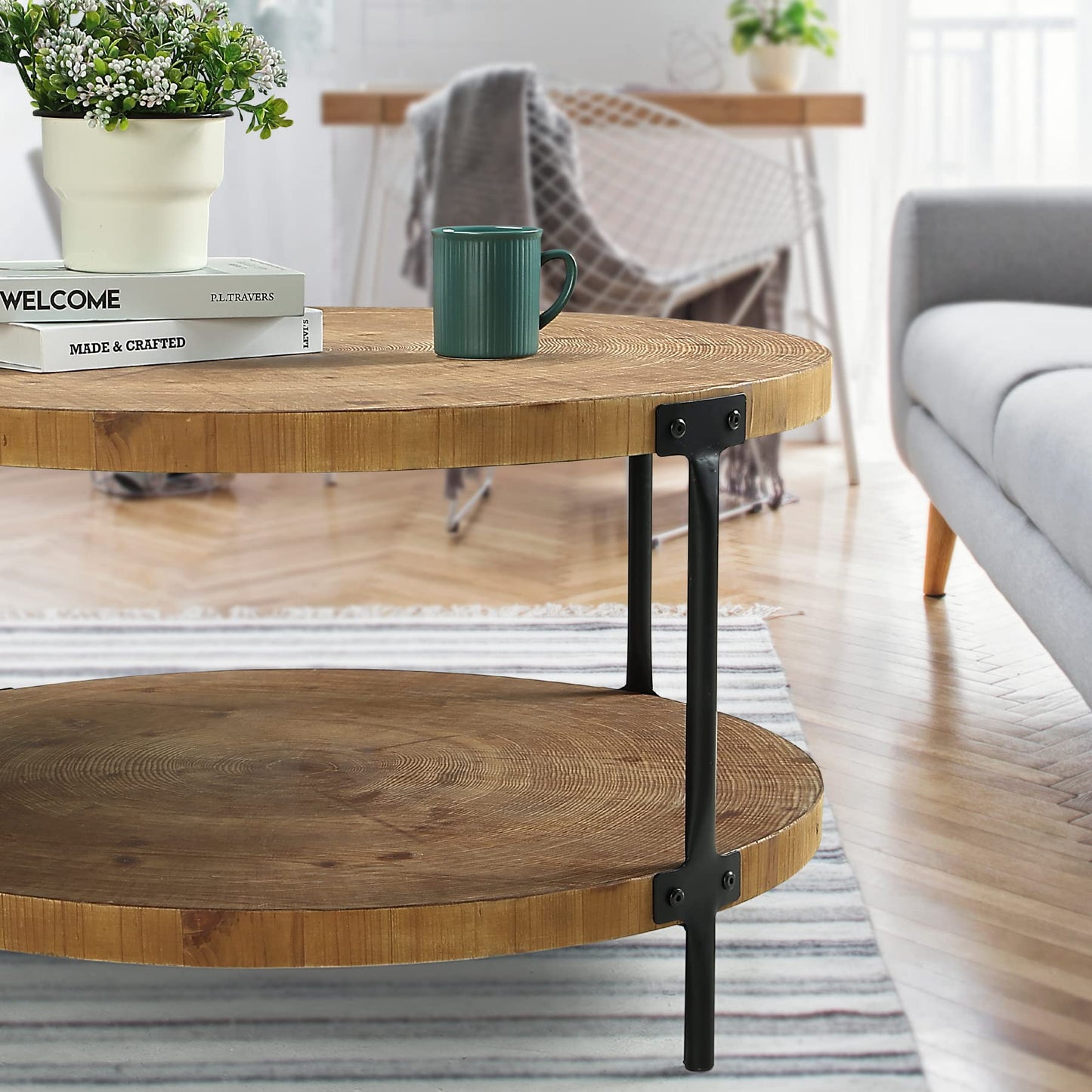 Awescuti Round Boho Wood Coffee Table - 29.1" Farmhouse Natural Circle Wooden 2-Tier Coffee Tables Living Room Furniture, Natural Wood Color, 29.1" D x 18.3" H