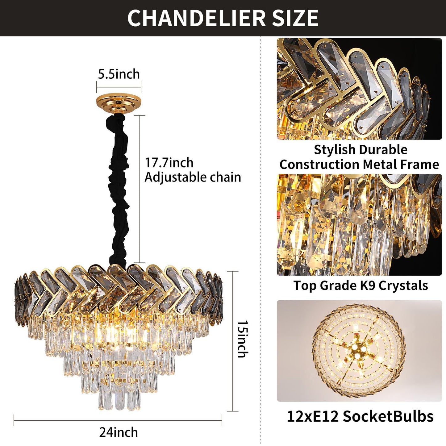 AVLRM 24" Gold Modern Crystal Chandelier Top K9 Round Crystals Chandeliers Adjustable Ceiling Light Fixture 5-Tier Crystal Pendant Lamp 9-Light for Dinning Room Living Room Foyer
