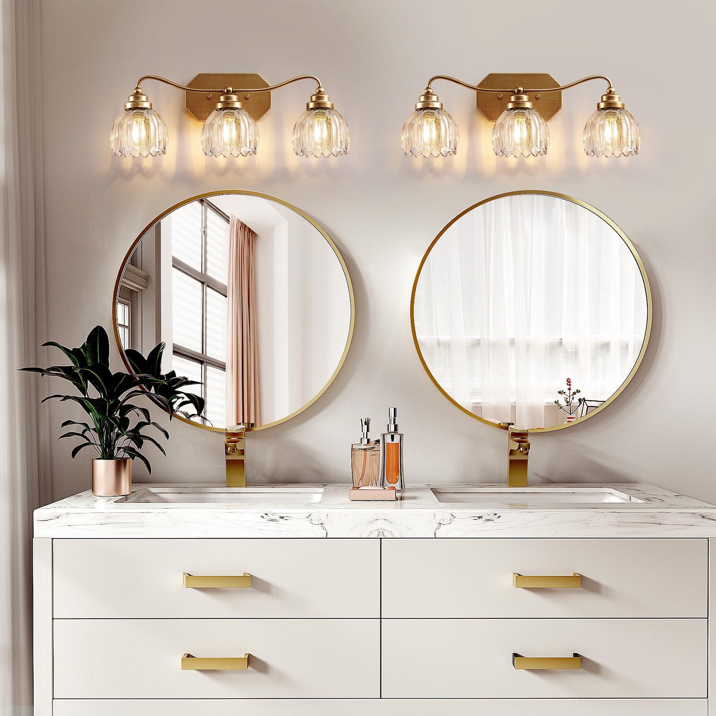 Vintage Bathroom Light Fixtures, Gold Bathroom Vanity Light, Matte Antique Brass Finish with Crystal Glass Shade, Wall Sconces Lighting for Bedroom, Living Room, Hallway (Gold, 3-Light)
