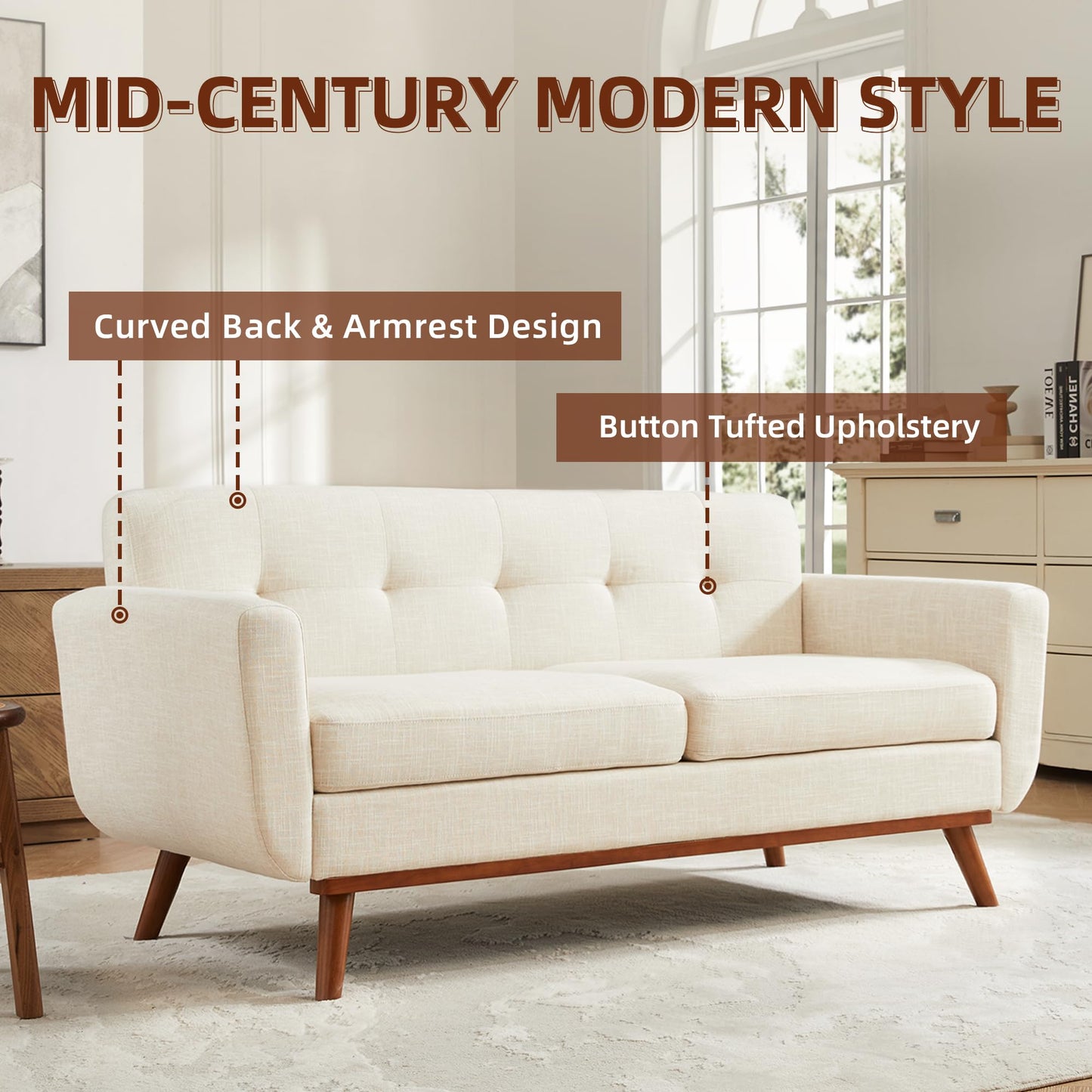 Kingfun 65.2" W Loveseat Sofa, Mid Century Modern Decor Love Seat Couches for Living Room, Button Tufted Upholstered Furniture, Solid & Easy to Install Small Couch for Bedroom Office Apartment, Beige