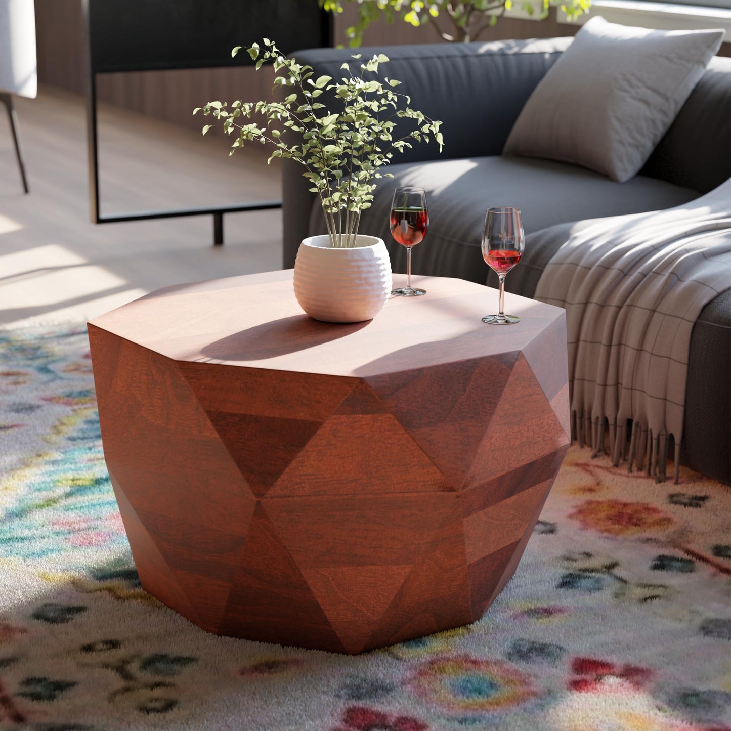 Octavian Coffee Table -Solid Wood Round Drum Center Table for Living Room with Geometric Faceted Design - Walnut Finish Center Table, Modern Decor, Farmhouse Coffee Table - No Assembly Required