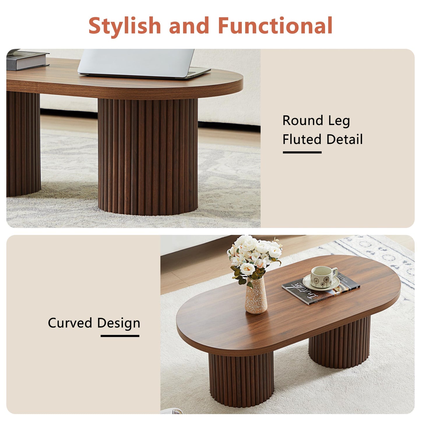 RUSTYER Oval Fluted Coffee Table, Farmhouse Wood Coffee Table Mid Century Modern Center Table Boho Living Room Tables for Living Room Office (Walnut, 19.69" D x 39.38" W x 13.78" H)