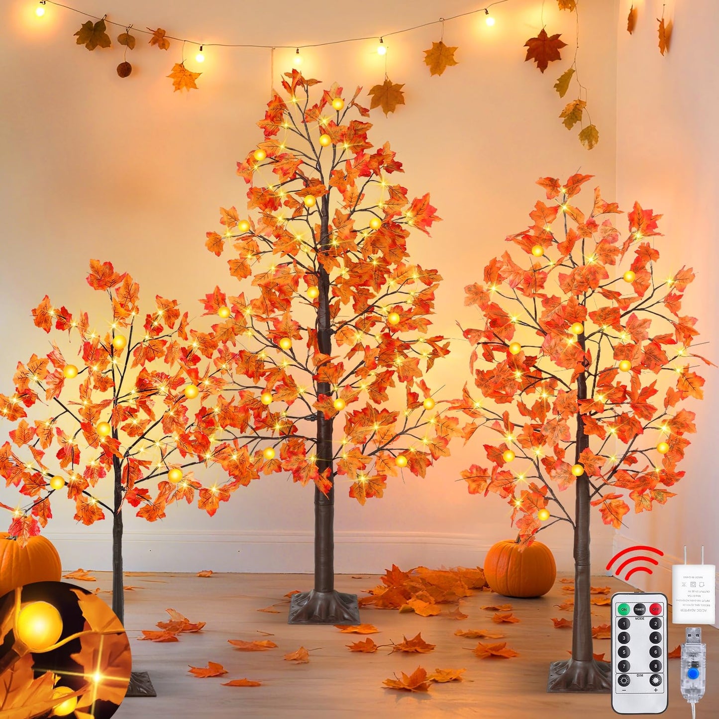8 Modes & Remote - 3 Pack Lighted Fall Tree (4FT, 5FT, 6FT) with 240 Warm White LED Lights, Timer/USB Plug, Fall Decorations for Home Maples Tree for Autumn Thanksgiving Decor Party Indoor Outdoor