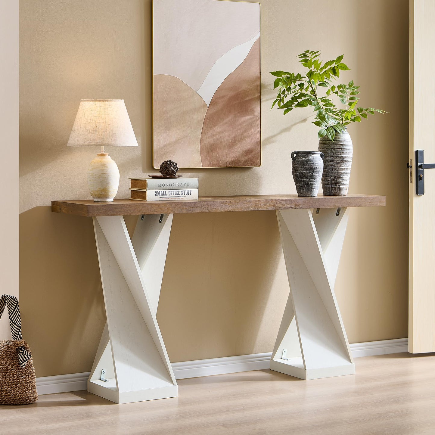 OKD Modern Entryway Table, 63" Twisted Console Table with Wood Pedestal, Farmhouse Sofa Table with Storage, Rustic Entry Table Tor Living Room, Entryway, Hallway, Antique White