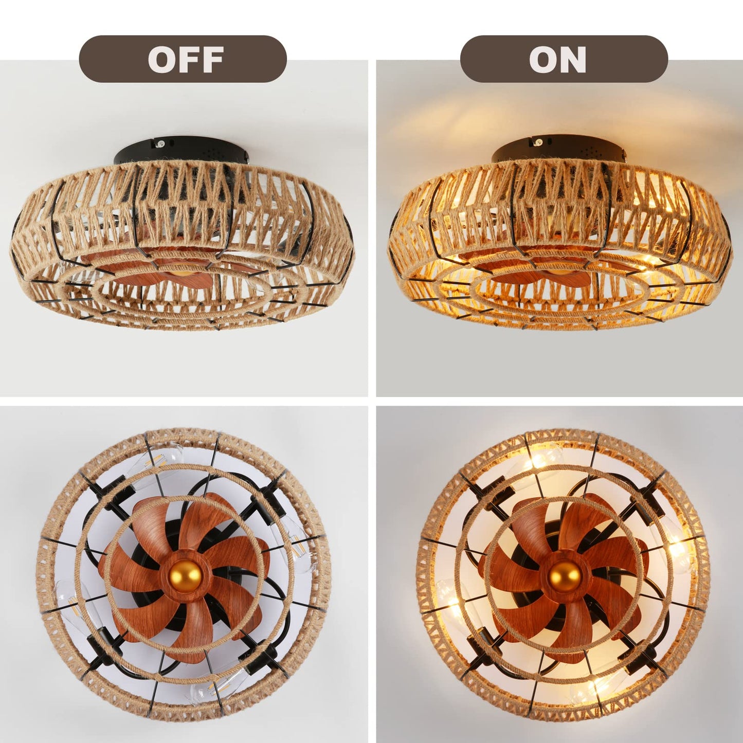 Letmarey 20" Caged Ceiling Fans with Lights and Remote, Boho Flush Mount Ceiling Fan with Light, Low Profile Chandelier 6 Speed Bladeless Reversible Ceiling Fan w/ 4 Bulbs. for Living Room Bedroom.
