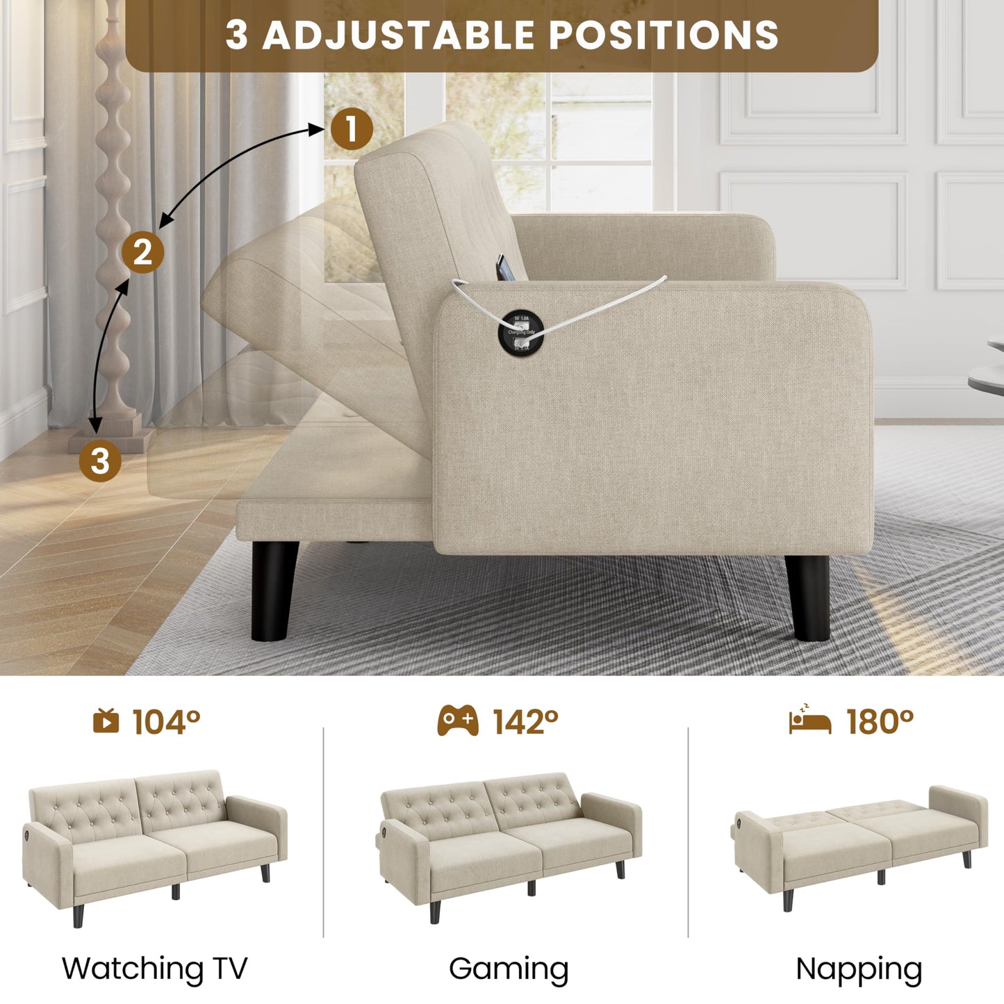 Yaheetech 63” Convertible Couch Sofa Bed with 2 USB, Reclining Futon Sleeper with Adjustable Backrest & Removable Armrests, Mid Century Modern Loveseat for Living Room, Apartment, Office Beige