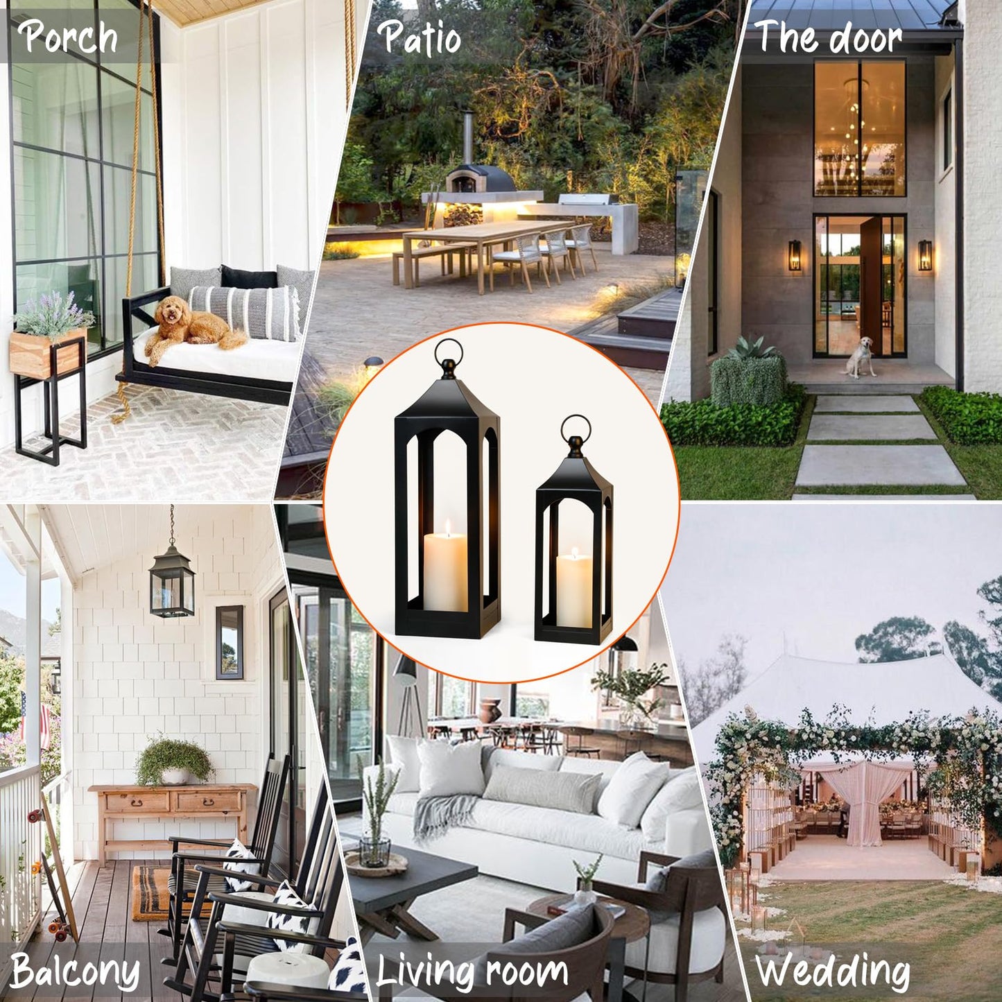 Modern Farmhouse Lantern Decor, Black Metal Decorative Hanging Candle Lanterns Ideal for Home Decor, Parties & Events, 21.2" High (No Glass Panel)