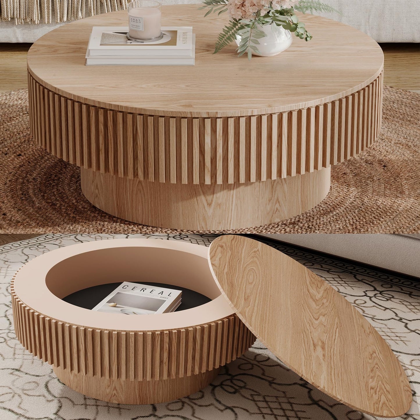 BSYEIO 31.5''Round Coffee Table with Storage, Modern Luxury Circle Drum Center Tables with Solid Wood Veneered, Accent Side Coffee Table for Living Room, Bedroom, Apartment-Natural