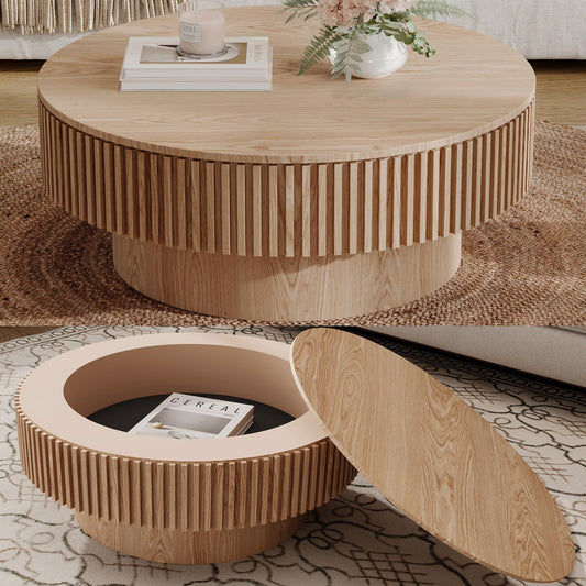 BSYEIO 31.5''Round Coffee Table with Storage, Modern Luxury Circle Drum Center Tables with Solid Wood Veneered, Accent Side Coffee Table for Living Room, Bedroom, Apartment-Natural