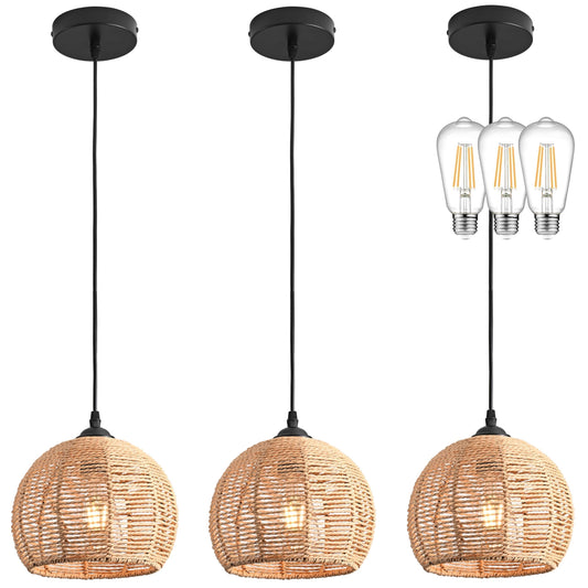 AyshwillDec 3 Pack Wicker Pendant Light Natural Woven Pendant Light Boho Chandelier Light Fixture Dome Rustic Farmhouse Pendant Lights Rattan Light Fixture for Dining Room Kitchen Island (Bulb Incl.)