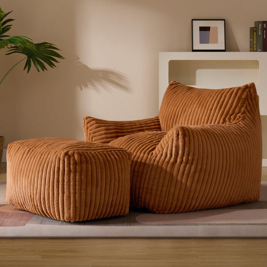 Gericco Oversized Bean Bag Chaise Lounge Chair Indoor for Adults with Armrests & Ottoman - Giant Comfy Orange Beanbag Floor Sofa Cloud Accent Chair for Reading, Gaming, Cozy Plush Cloud Mini Couch