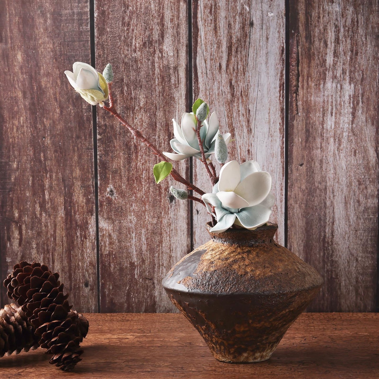 Small Stone Vase for Rustic Home Decor, Farmhouse Antique Pottery Vase Furniture&Table Flower Decorative, Round Terracotta Vases for Living Room Decor, Modern Rustic Concrete Clay Art Vases