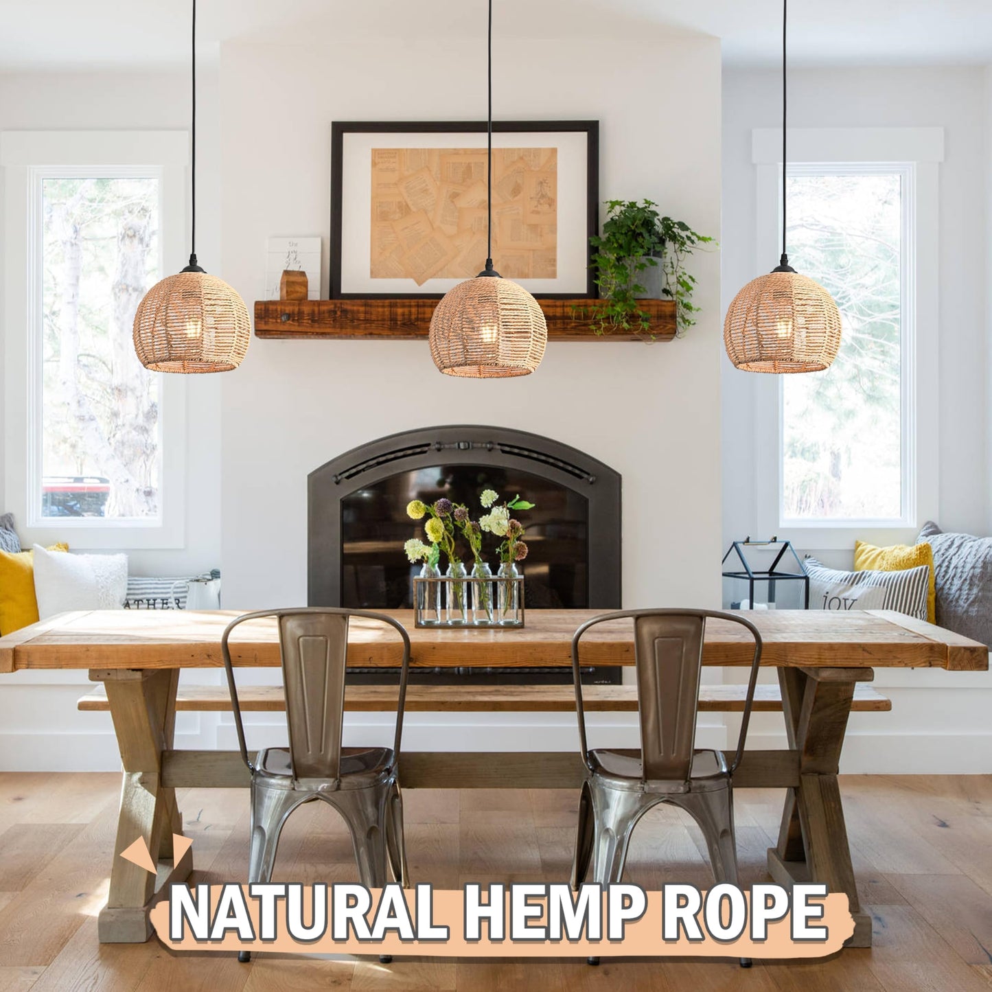 AyshwillDec 3 Pack Wicker Pendant Light Natural Woven Pendant Light Boho Chandelier Light Fixture Dome Rustic Farmhouse Pendant Lights Rattan Light Fixture for Dining Room Kitchen Island (Bulb Incl.)