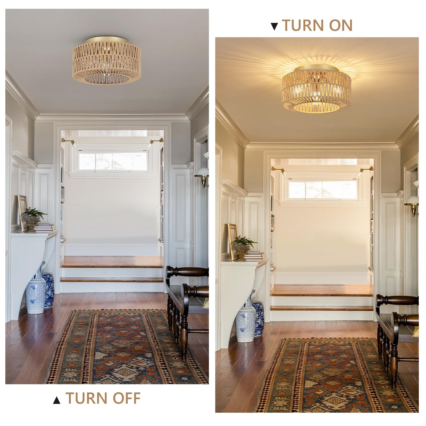 PAUFUL Boho Light Fixtures, 3-Light Farmhouse Rattan Ceiling Light, Flush Mount with Hand-Woven Shade, Modern Chandelier for Living, Bedroom, Entryway, Kitchen, Nursery