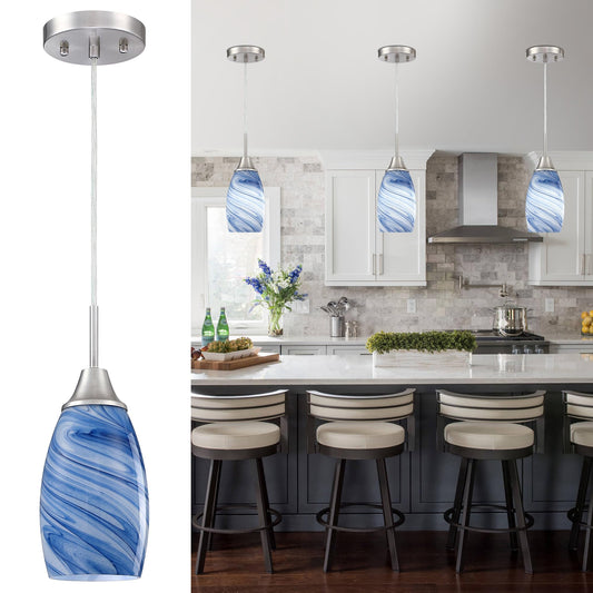 Viinew Glass Pendant Light with Handblown Dark Blue Marble Art Glass Shade Ceiling Light 3-Pack Mini Hanging Pendant Light for Kitchen Island,Dining Room,Living,Foyer,Hallway