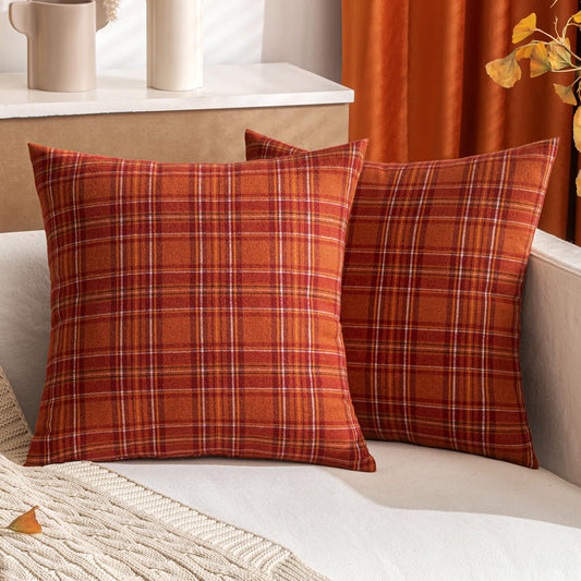 MIULEE Fall Set of 2 Scottish Tartan Plaid Throw Pillow Covers Farmhouse Classic Decorative Outdoor Square Cushion Cases for Decor Sofa Couch 18x18 Inch, Rust
