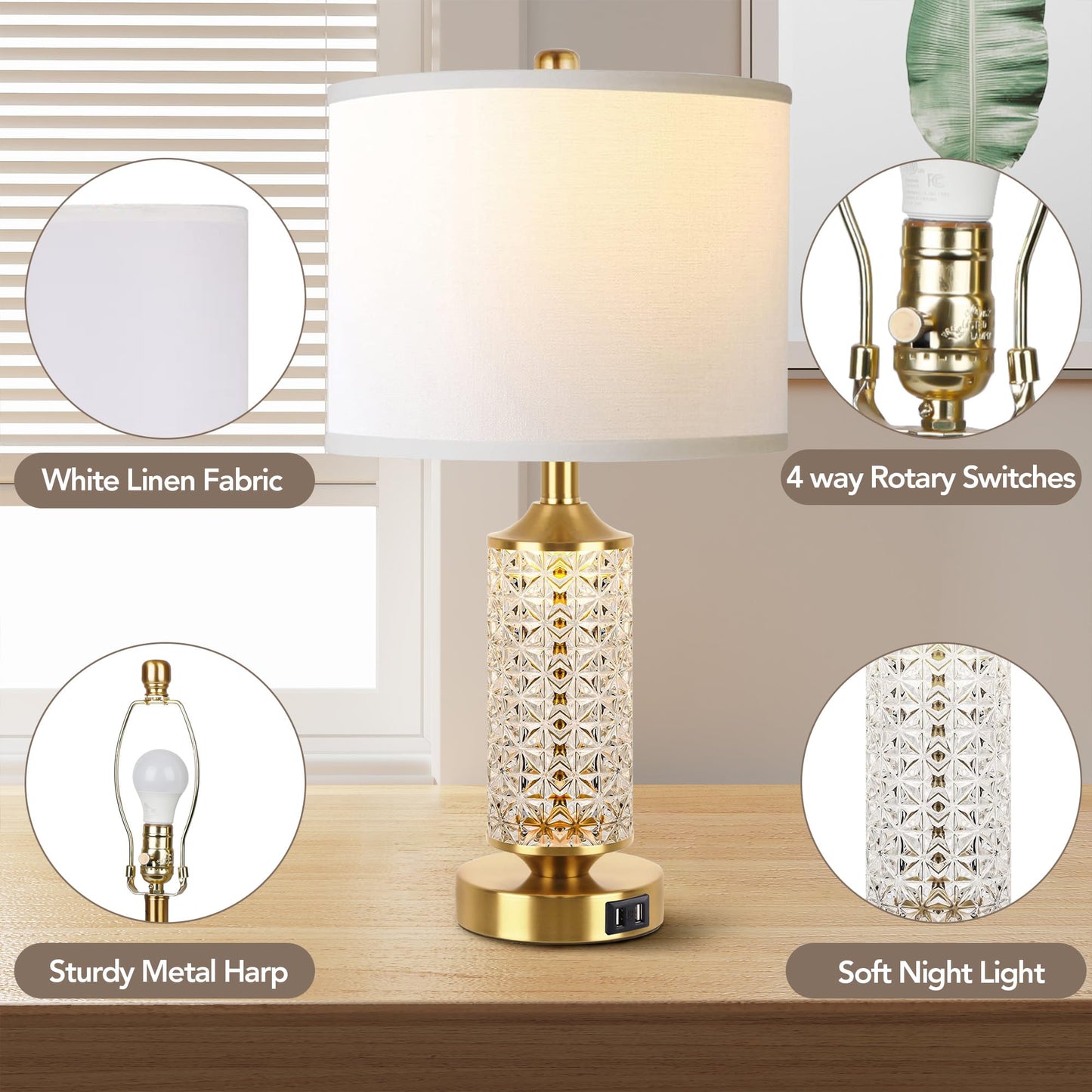 QiMH Set of 2 Table Lamps with USB Ports, Modern Bedside Lamp with LED Night Light for Bedroom, Nightstand Lamps for Living Room Office (Gold)(2 Bulbs Include)