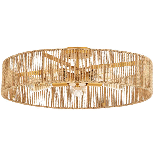 MhyTogn 24" Natural Rattan Flush Mount Ceiling Light Fixture Antique Brass Brush Paint Finish Boho Chandelier for Porch Patio Hallway Bedroom Living Room Kitchen Island 5-Light