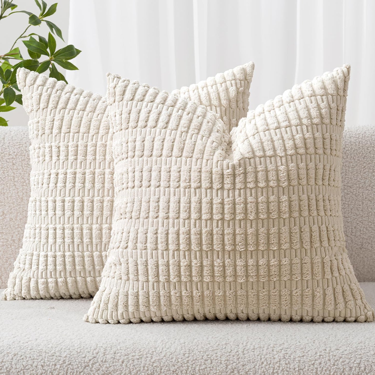 MIULEE Pack of 2 Corduroy Decorative Throw Pillow Covers 18x18 Inch Soft Boho Striped Pillow Covers Modern Farmhouse Home Decor for Sofa Living Room Couch Bed Cream White