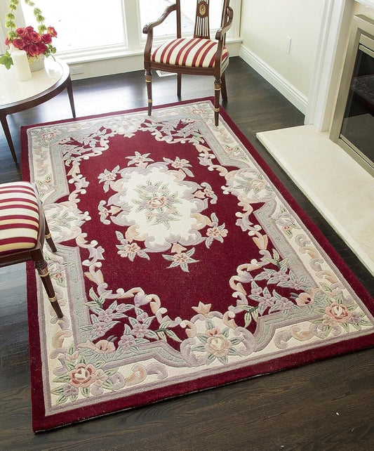 Handmade Premium Area Rug Aubusson Design, Luxury Wool Crafted Non- Slip Bedroom Rug, Dining Room, Hallway Entryway Carpet, Woolen for Accent (Red E5, 9X12 feet)