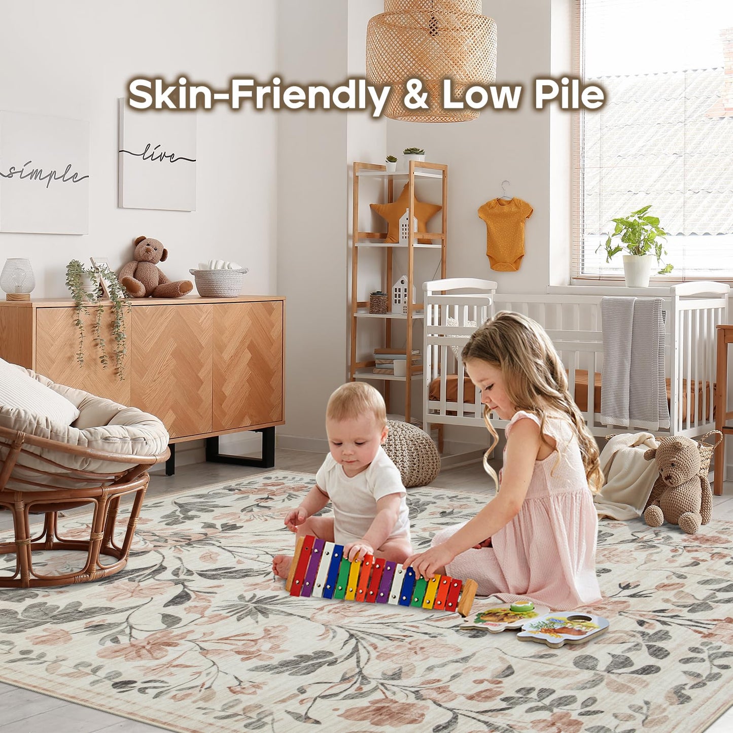 8x10 Area Rugs Washable Rug: Lagre Boho Living Room Rug Soft Anti-Skid Thin Carpet Indoor Floor Non-Shedding Neutral Floral Carpets for Bedroom Dining Room Farmhouse Nursery Pink