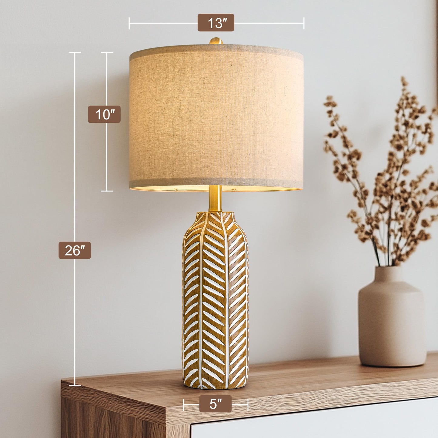 BOBOMOMO 26" Farmhouse Table Lamps Set of 2 - Vintage Leaf Design, Rustic Resin Nightstand Lamps for Bedroom, Living Room, Nursery, Hallway, Elegant Living Room Lamps with Linen Shades Antique Brown