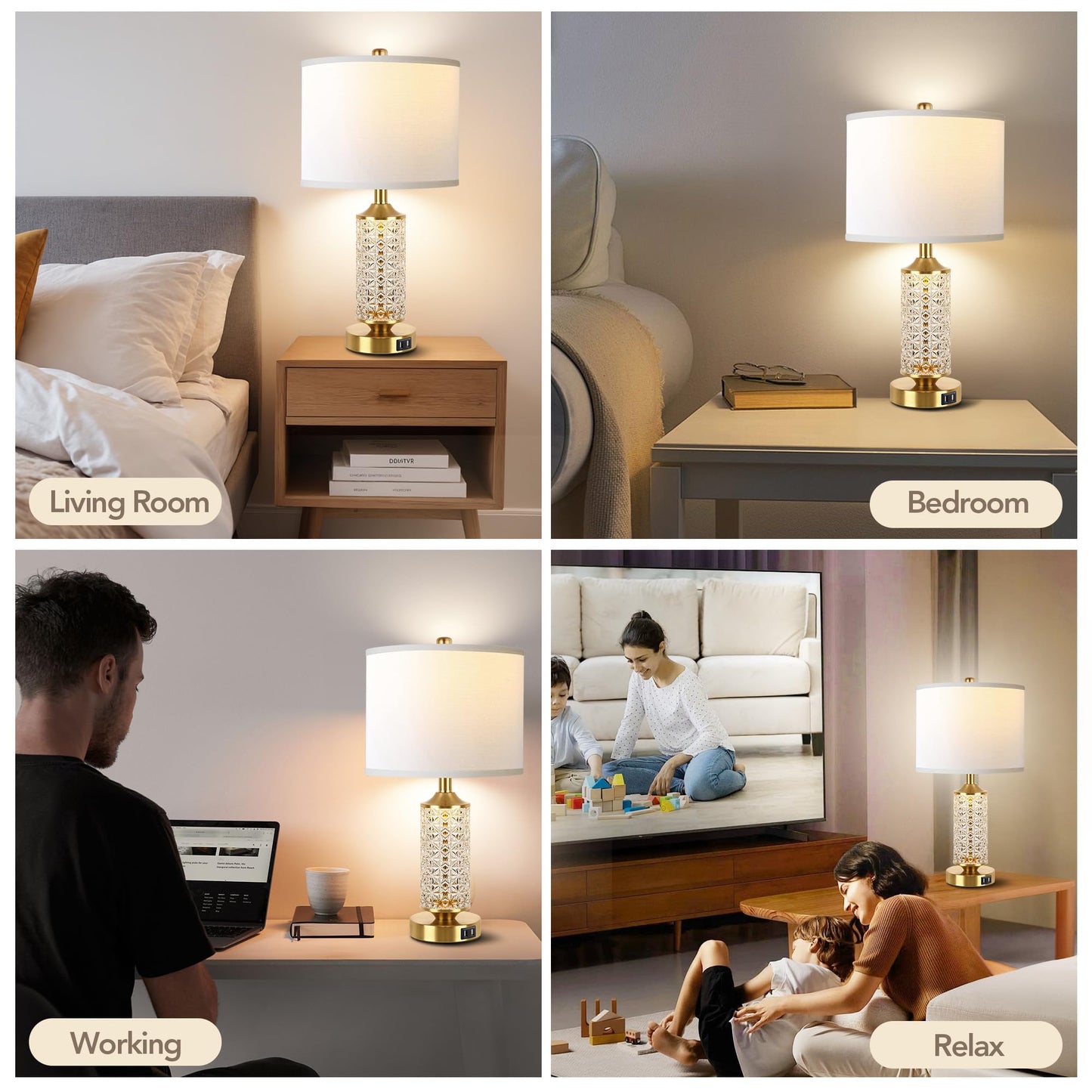 QiMH Set of 2 Table Lamps with USB Ports, Modern Bedside Lamp with LED Night Light for Bedroom, Nightstand Lamps for Living Room Office (Gold)(2 Bulbs Include)