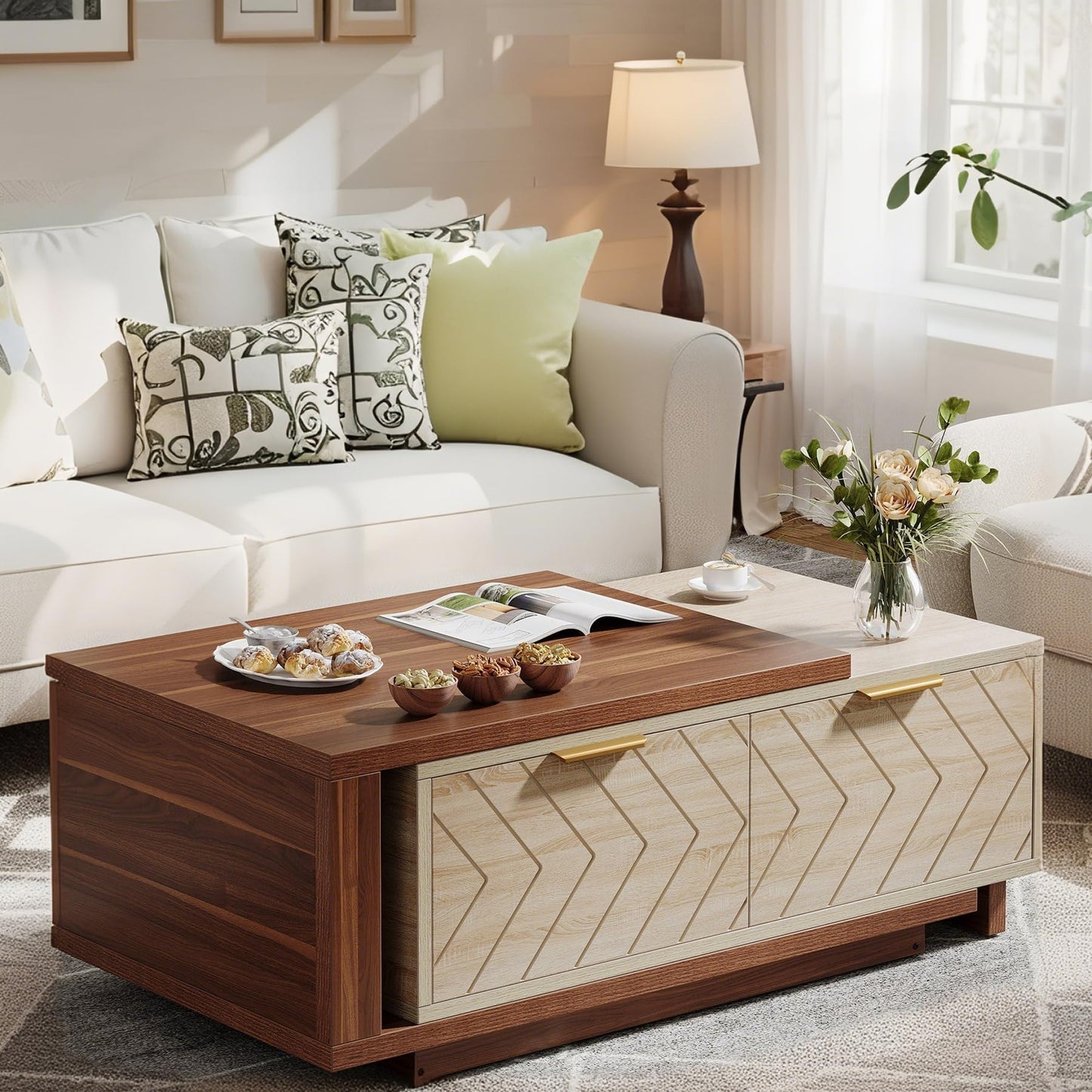 Lawrenis Design Expandable Home Rectangular Wooden Coffee Table, Living Room Center Coffee Table with Storage Drawers, Open Shelves, Natural