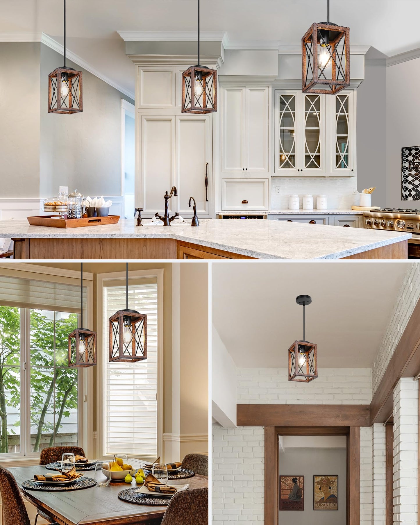 DEWENWILS 2 Pack Farmhouse Pendant Light, Metal Hanging Light Fixture with Wooden Grain Finish, 48 Inch Adjustable Pipes for Flat and Slop Ceiling, Kitchen Island, Bedroom, Dining Hall, ETL Listed