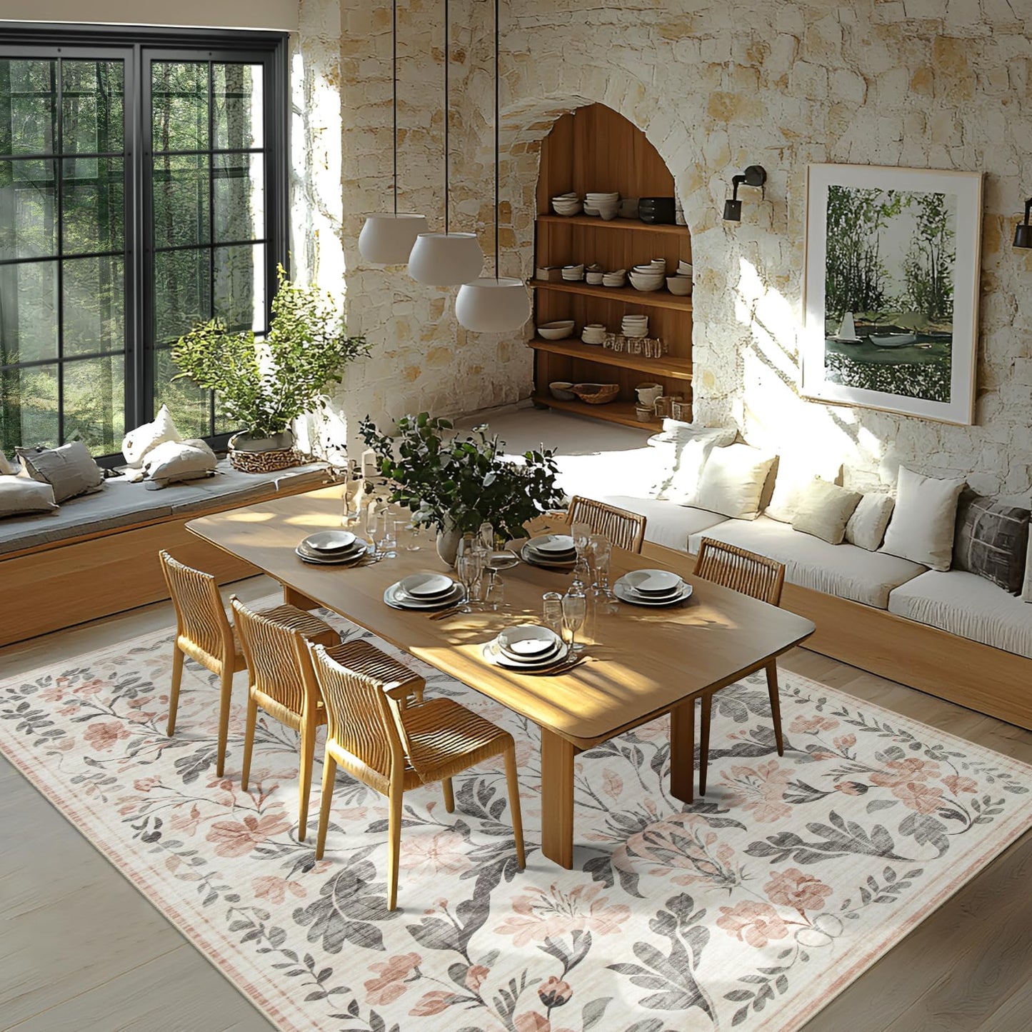 8x10 Area Rugs Washable Rug: Lagre Boho Living Room Rug Soft Anti-Skid Thin Carpet Indoor Floor Non-Shedding Neutral Floral Carpets for Bedroom Dining Room Farmhouse Nursery Pink