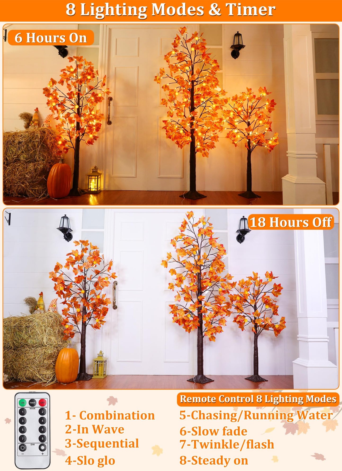 8 Modes & Remote - 3 Pack Lighted Fall Tree (4FT, 5FT, 6FT) with 240 Warm White LED Lights, Timer/USB Plug, Fall Decorations for Home Maples Tree for Autumn Thanksgiving Decor Party Indoor Outdoor
