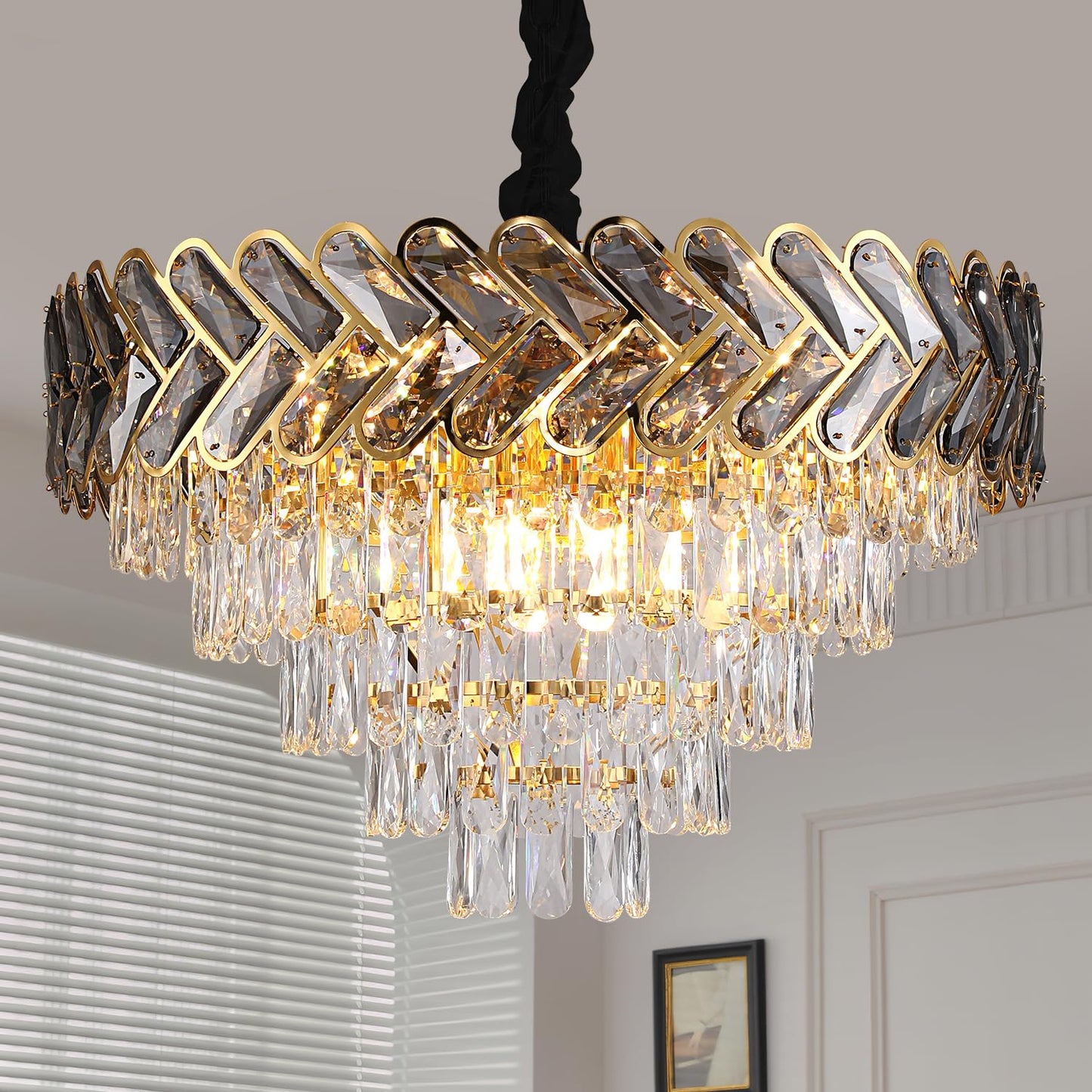 AVLRM 24" Gold Modern Crystal Chandelier Top K9 Round Crystals Chandeliers Adjustable Ceiling Light Fixture 5-Tier Crystal Pendant Lamp 9-Light for Dinning Room Living Room Foyer